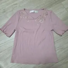 tocco closet フラワー刺繍 リブ半袖ニット ピンク