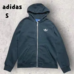 アディダス トレフォイル刺繍 ジップアップ パーカー スウェット ブラック S