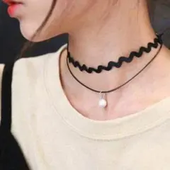 新品！2連 コットンパール&ウェーブ チョーカー ネックレス