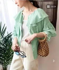 クラシカルエルフ 2Way 七分袖 ラッフルビッグカラー ストライプブラウス L