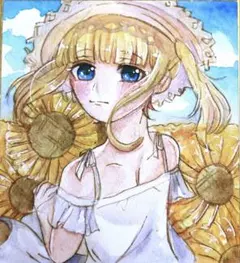原画】手描きイラスト 女の子 アナログイラスト 水着 一点物 ミニ色紙