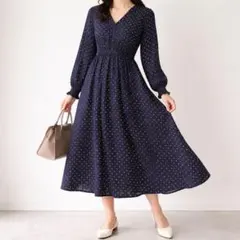 GU【S】ドット柄 ロングワンピース ネイビー Vネック 長袖 フレア