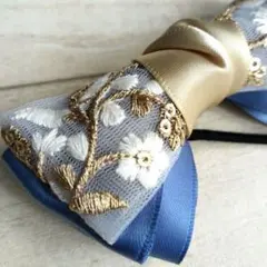 【先行販売】夏色　清楚　インド刺繍リボンのヘアゴム　ブルー