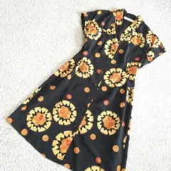 90s Vintage 総柄 シャツワンピース M 黒 モード レトロ古着 昭和のサムネイル