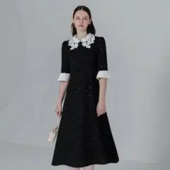 LEJA-花柄レースカラースパンコールAラインワンピースドレス パーティードレス