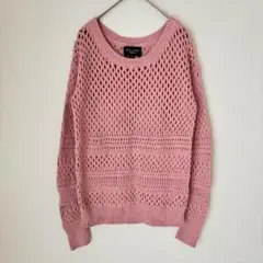 アメリカンイーグル かぎ編み ニット クルーネック 長袖 透かし編 S 桃 綿