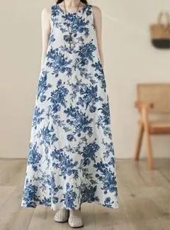 Aラインロングワンピース ゆったり エレガント ノースリーブ ラウンドネック