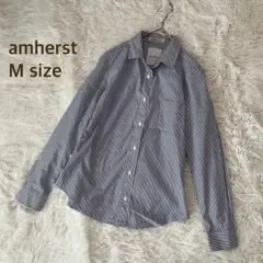 【美品】amherst ストライプ長袖シャツ　M ネイビー　白　コットンのサムネイル
