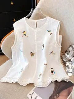 レトロ 刺繍 袖なし ブラウス おしゃれ度高め 薄手 フラワーパターンフリル