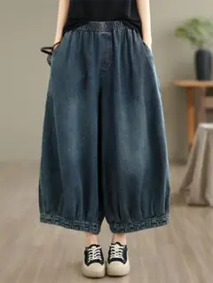 ビッグサイズ レトロ デニム ワイド パンツ 夏 ゆったり カジュアル 着痩せ