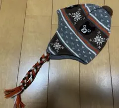 ミキハウス　ダブルB B君ニット帽 耳当て　ポンポン　三つ編み付き　カウチン風