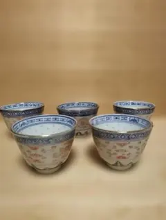 中国茶器 景徳鎮　蛍焼　 蛍透かし 玩玉 　金線入　 湯呑 　中華　5客