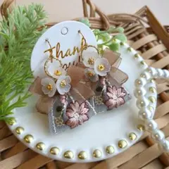 New！くすみブルー*ピンクリボン*ブラウンリボン▷◁お花刺繍インドリボンピアス