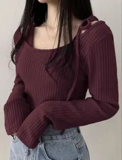 リブ編みオフショルダートップス バーガンディ