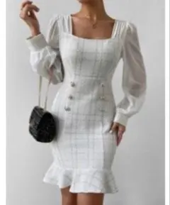 【新品】チェックツイードフリルワンピース　シースルー　スクエアネック　ラメ織　S