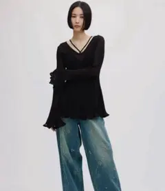 Amerivintage SHEER FRILL V NECK KNIT TOPのサムネイル