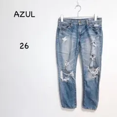 アズール ダメージデニム 26 ライトブルー スリムストレート