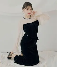 配色シアーリボンベロアワンピース/オケージョン