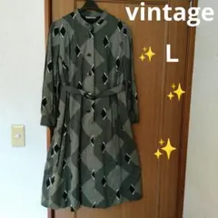 古着vintage昭和レトロ幾何学模様長袖ベルト付きワンピースＬ