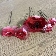 和装髪飾り 4点セット 赤 バラ 薔薇