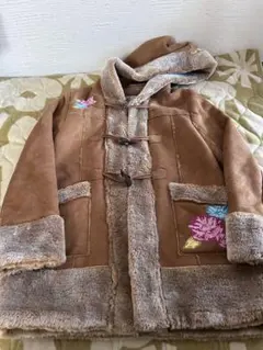 ScoLarフェイクムートン ダッフルコート ブラウン 花柄刺繍