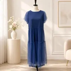 ティアードワンピース ロングワンピース チュールワンピース 青 SCOT