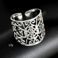 男女兼用✨ シルバー ステンレス 透かし模様 オープン リング 指輪 調節可能
