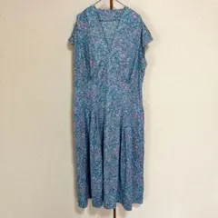 ヴィンテージ 花柄 ロングワンピース カシュクール フレンチスリーブ L相当 青