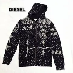 美品 DIESEL 黒総柄ヴィンテージライク ジップアップパーカージャケットS