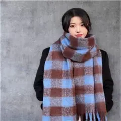 新品未使用　ブラウン　水色　チェック　マフラー　ストール　ロング