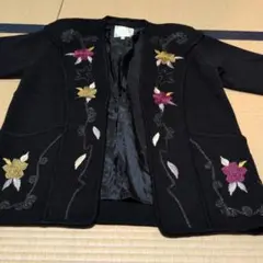 懐かしい☆昭和レトロ☆黒の花柄刺繍ニットカーディガン 【used商品】