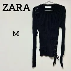 ZARA KNIT リブニット トップス ブラック レースアップデザイン M相当