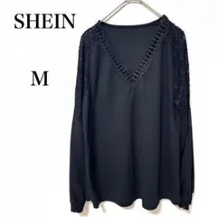 SHEIN シーン　Vネック　長袖　リブニットトップス　ブラック　M レース