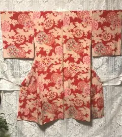 【アンティーク】長襦袢　古布　正絹　朱赤系　車輪に花柄