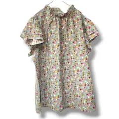 フリルネック フリルスリーブ 花柄 シャツ 半袖 水色 XL 綿 カジュアル