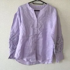 レディース　長袖 ブラウス パープル スキッパーネック 刺繍　麻100%のサムネイル