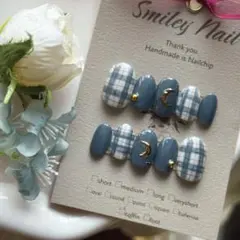 《429》青 ネイルチップ チェック ニュアンスゴールドミラー 量産型