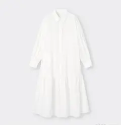 GU ギャザー切り替えシャツワンピース 長袖 ロング オフホワイト Sサイズ