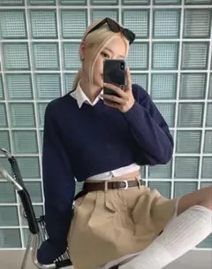 SHEIN DAZY クロップドニット セーター トップス ネイビー