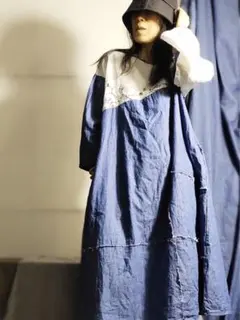 デニム麻リネンワンピースチュニック手作り刺繍
