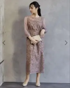 AIMER 【花柄フロッキー袖付きタイトラインドレス】