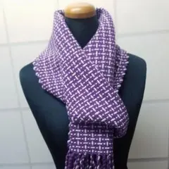 【ハンドメイド】【一点物】手織りマフラー　ウール100％　紫・白　男女兼用