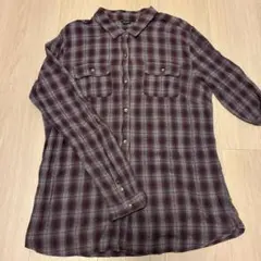 チェック柄　シャツ　紫　レトロ　古着　綿100% 替えボタン付き