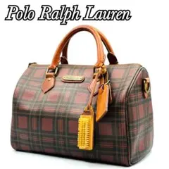 POLO RALPHLAUREN チェック柄 レザー ミニボストン レッド