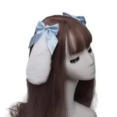 水色リボンうさみみヘアクリップ 黒リボン天使の羽ヘアクリップ セット