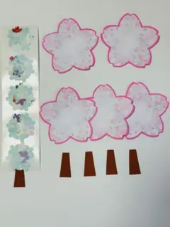 青の桜の花シール5枚、木の幹5、桜型メッセージカード5枚セット