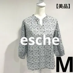 【esche】エッシュ　ブルー系　花柄　リーフ柄　五分袖　シャツ　M 48