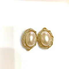 【300円スタート】オーバルパールとCZのイヤリング ゴールドトーン12g