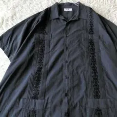 80~90s 墨黒 ビッグキューバシャツ 開オープンカラー ヴィンテージ 刺繍のサムネイル