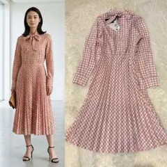 タグ付き新品✨ボウタイ　プリーツワンピース　チェック　ピンク　ロング丈　M